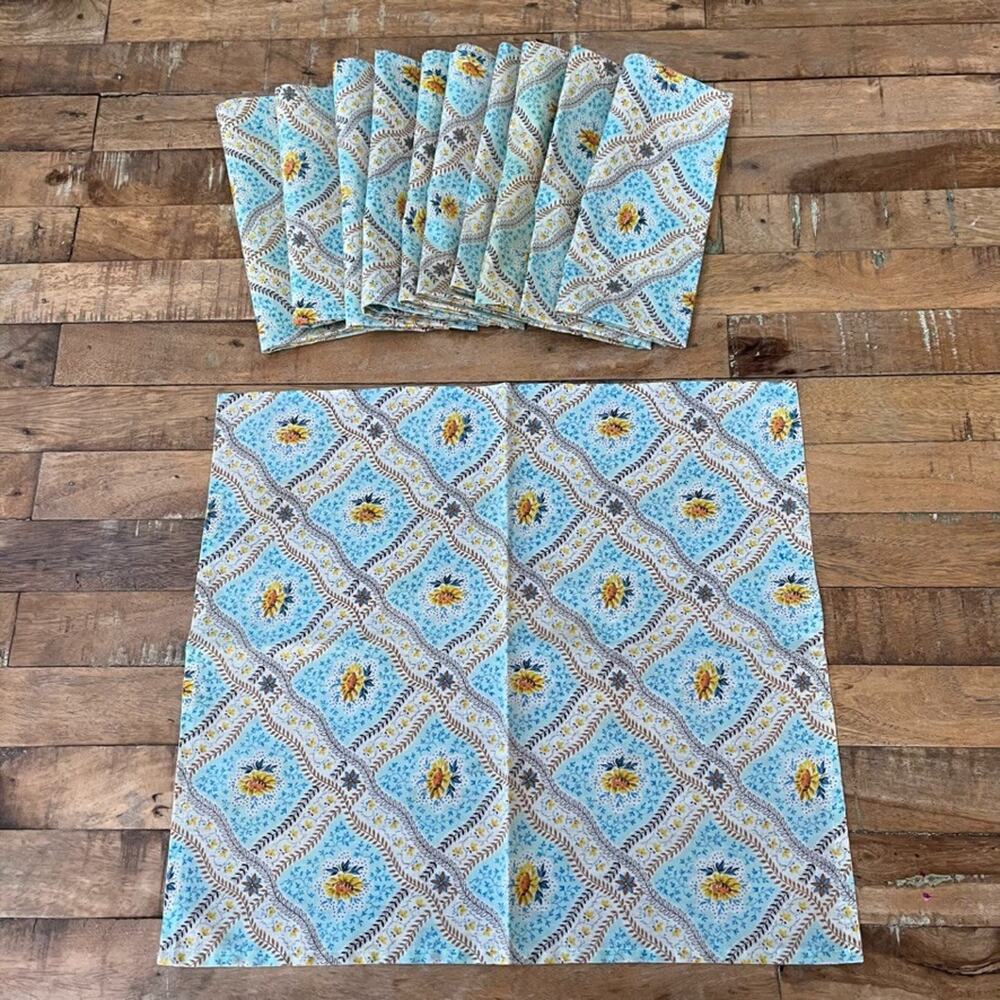 Vintage Blue Cotton Napkin Set of 11 14" x 15" Brown Diamond Lattice Sunflowers